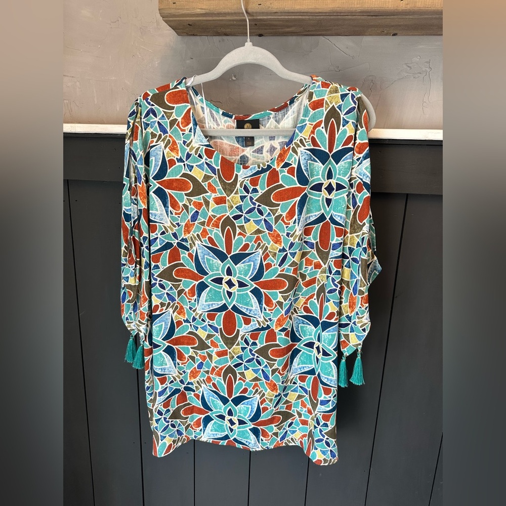 JM‎ Collection Teal Multi-Color Floral Mosaic Split Sleeve Tassel Tunic size XL